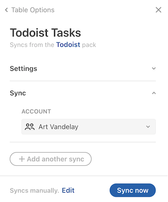 Account selection in the sync table settings